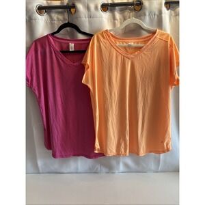 2 Xersion 1 Orange & 1 Pink V-Neck Mesh Back Poly Nylon Top size L Workout